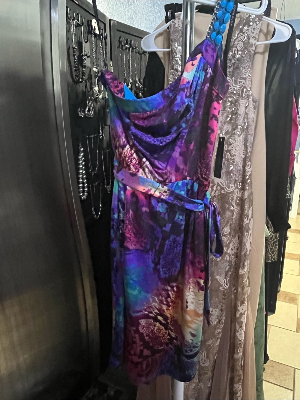 Bisou Bisou One-Shoulder Dress in Purple Blue and Pink Multicolor